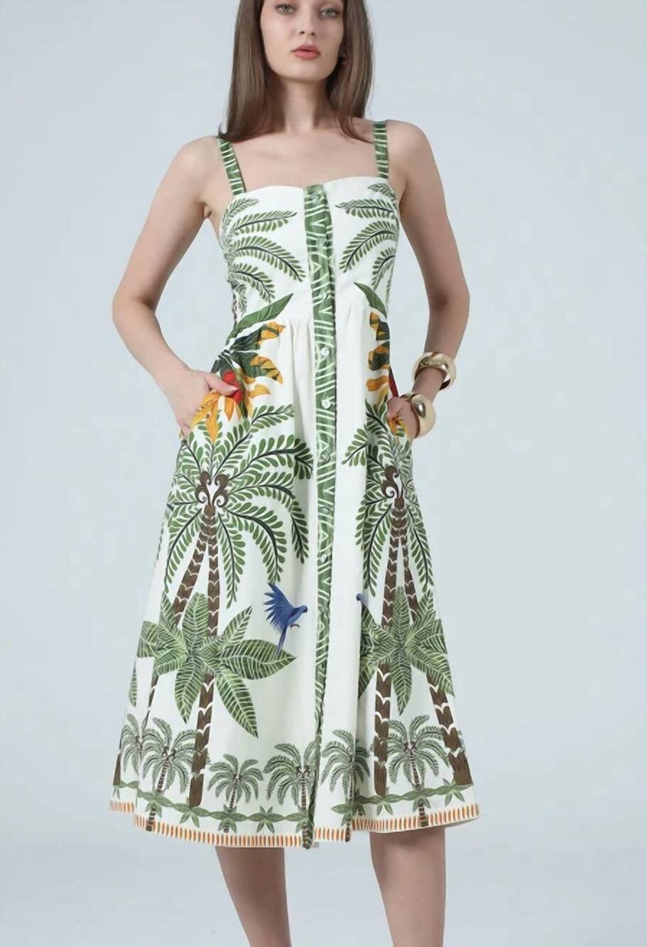NEW AYLAYA kennedy printed botton up midi dress in tropical
